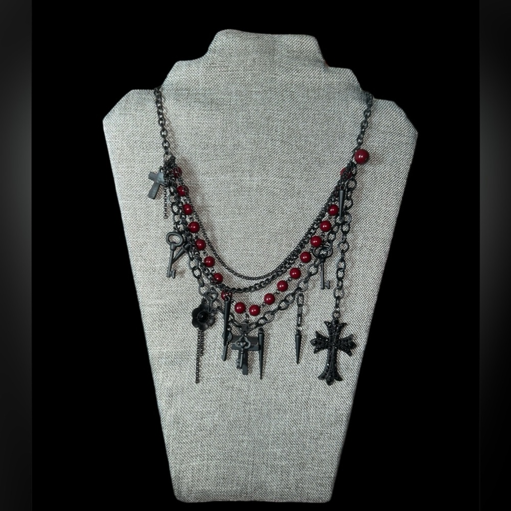 Black And Red Themed Cross Pendant/charm Necklace Goth Whimsygoth Costume 20-23”